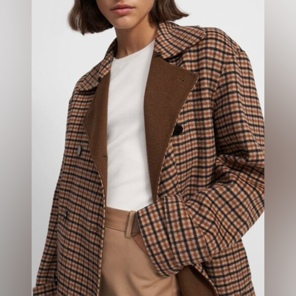 Theory Utility Wool Plaid Peacoat Brown Checked Double Breasted Short Coat P‎ XS